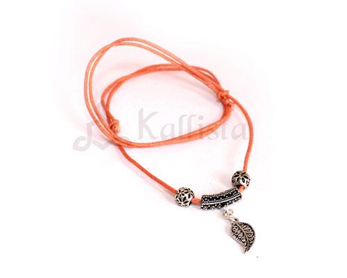 Adjustable necklace with silver leaf pendant- Coral