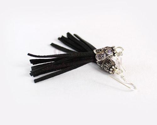 Silver & Leather tassel earrings-Black